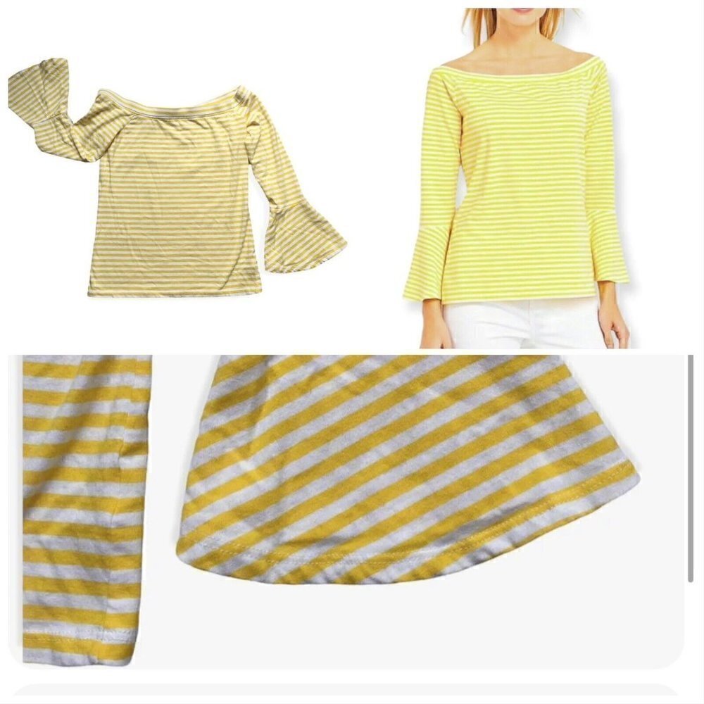 SPRING Talbots White & Yellow Stripe Off The Shoulder Top Bell Sleeves Women’s P